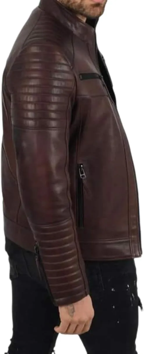 Men's Casual Modern SlimFit Retro Rider Genuine Sheepskin Leather Biker Motorcycle Moto Jacket with Stand Collar Brown