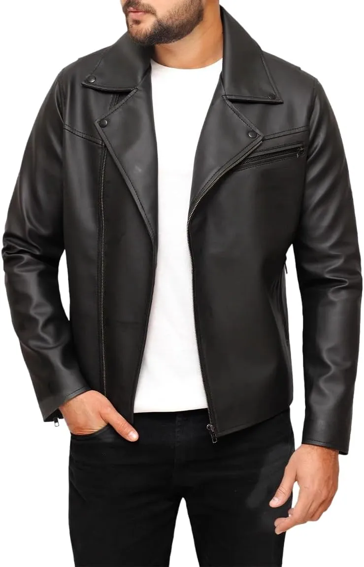 Mens Classic Black Genuine Sheepskin Leather Biker Moto Mottorcycle Cafe Racer Rider Retro SlimFit Lapel Collar Jacket