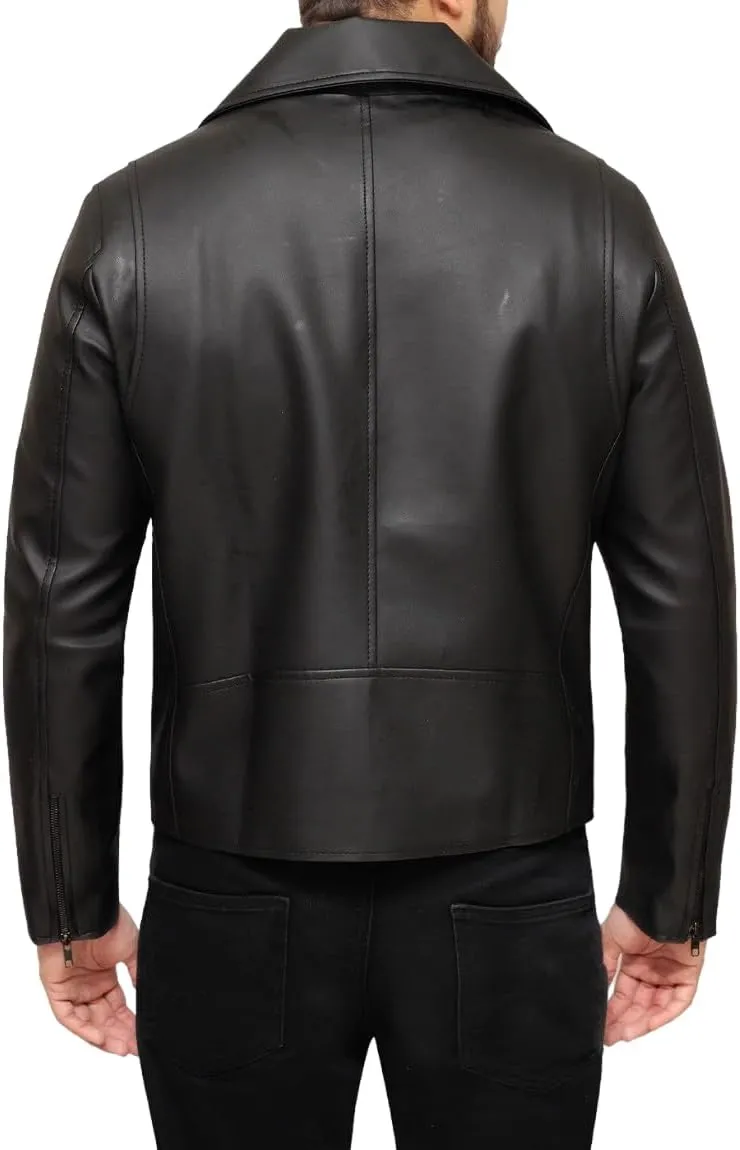 Mens Classic Black Genuine Sheepskin Leather Biker Moto Mottorcycle Cafe Racer Rider Retro SlimFit Lapel Collar Jacket