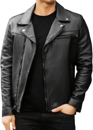 Mens Classic Black Genuine Sheepskin Leather Biker Moto Mottorcycle Cafe Racer Rider Retro SlimFit Lapel Collar Jacket