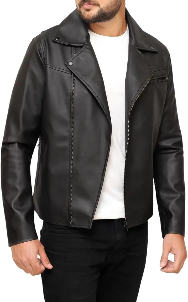 Mens Classic Black Genuine Sheepskin Leather Biker Moto Mottorcycle Cafe Racer Rider Retro SlimFit Lapel Collar Jacket