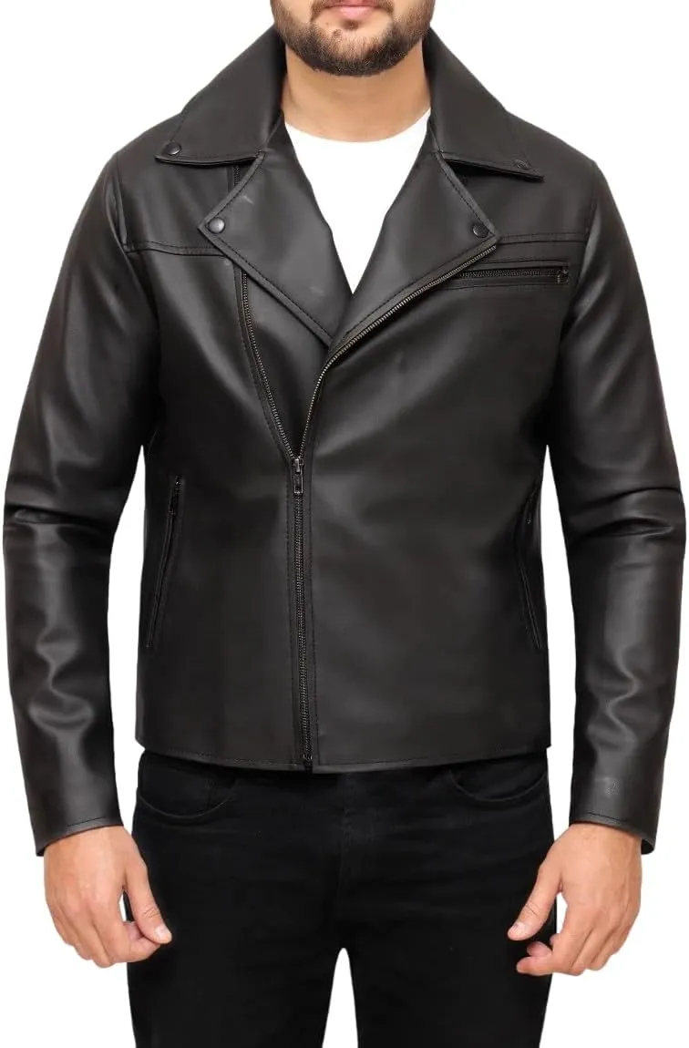 Mens Classic Black Genuine Sheepskin Leather Biker Moto Mottorcycle Cafe Racer Rider Retro SlimFit Lapel Collar Jacket