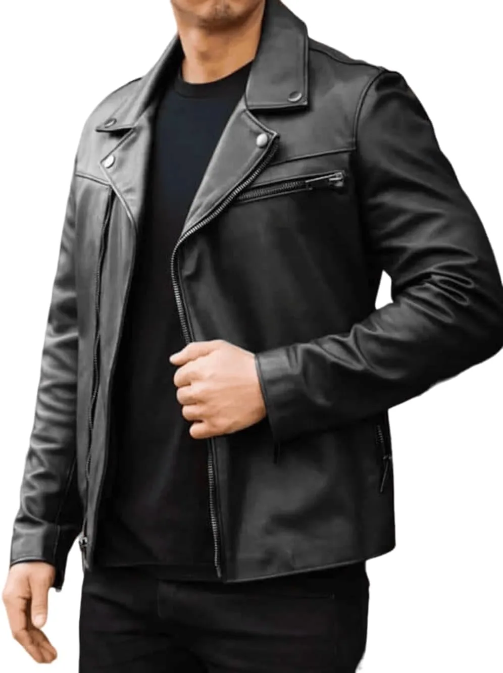 Mens Classic Black Genuine Sheepskin Leather Biker Moto Mottorcycle Cafe Racer Rider Retro SlimFit Lapel Collar Jacket