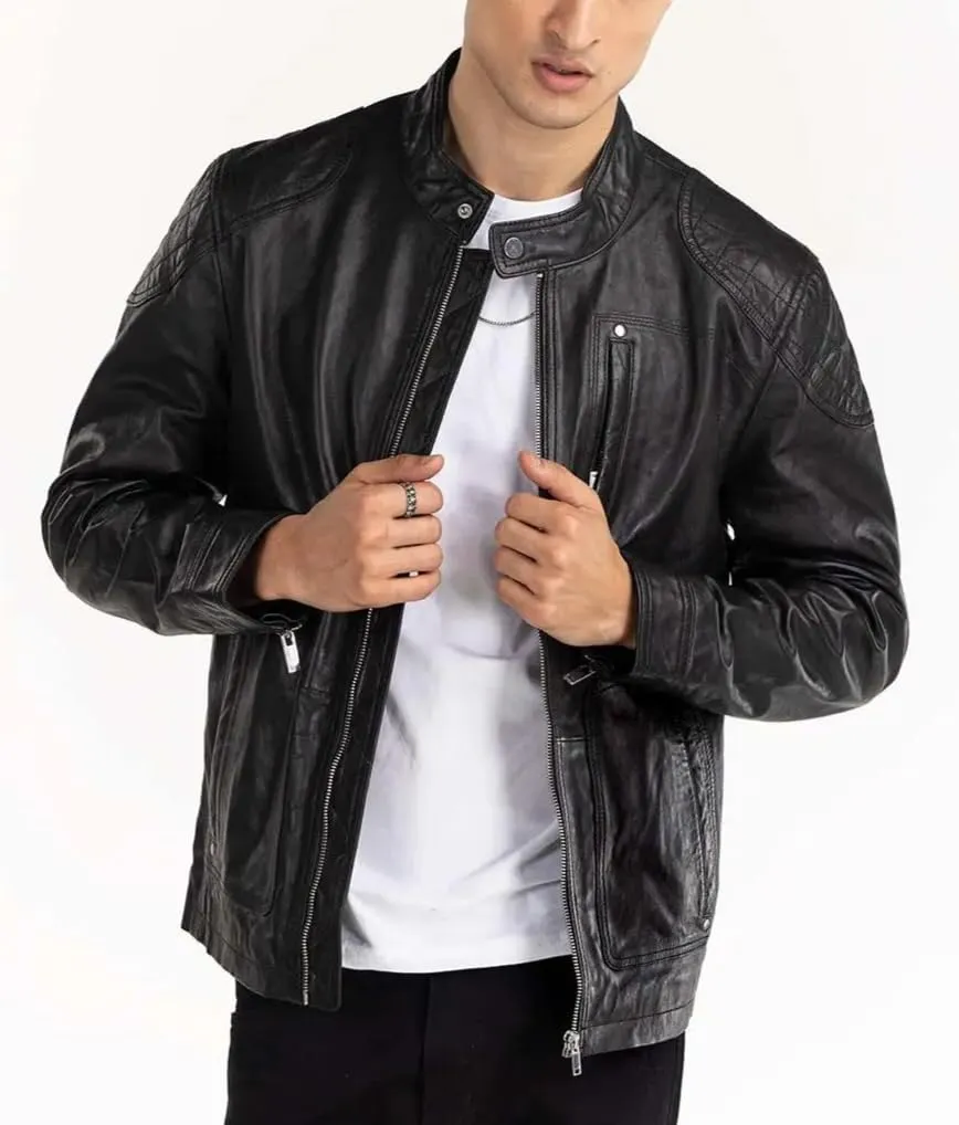 Men's Classic Casual Modern Stylish Black Sheepskin Leather Biker Moto Rider StandUp Collar Zipper SlimFit Jacket