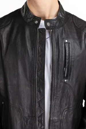 Men's Classic Casual Modern Stylish Black Sheepskin Leather Biker Moto Rider StandUp Collar Zipper SlimFit Jacket