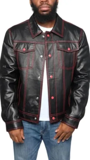 Men's Denim Style Black Trucker Jacket - Men's Biker Slimfit Genuine Leather Jacket