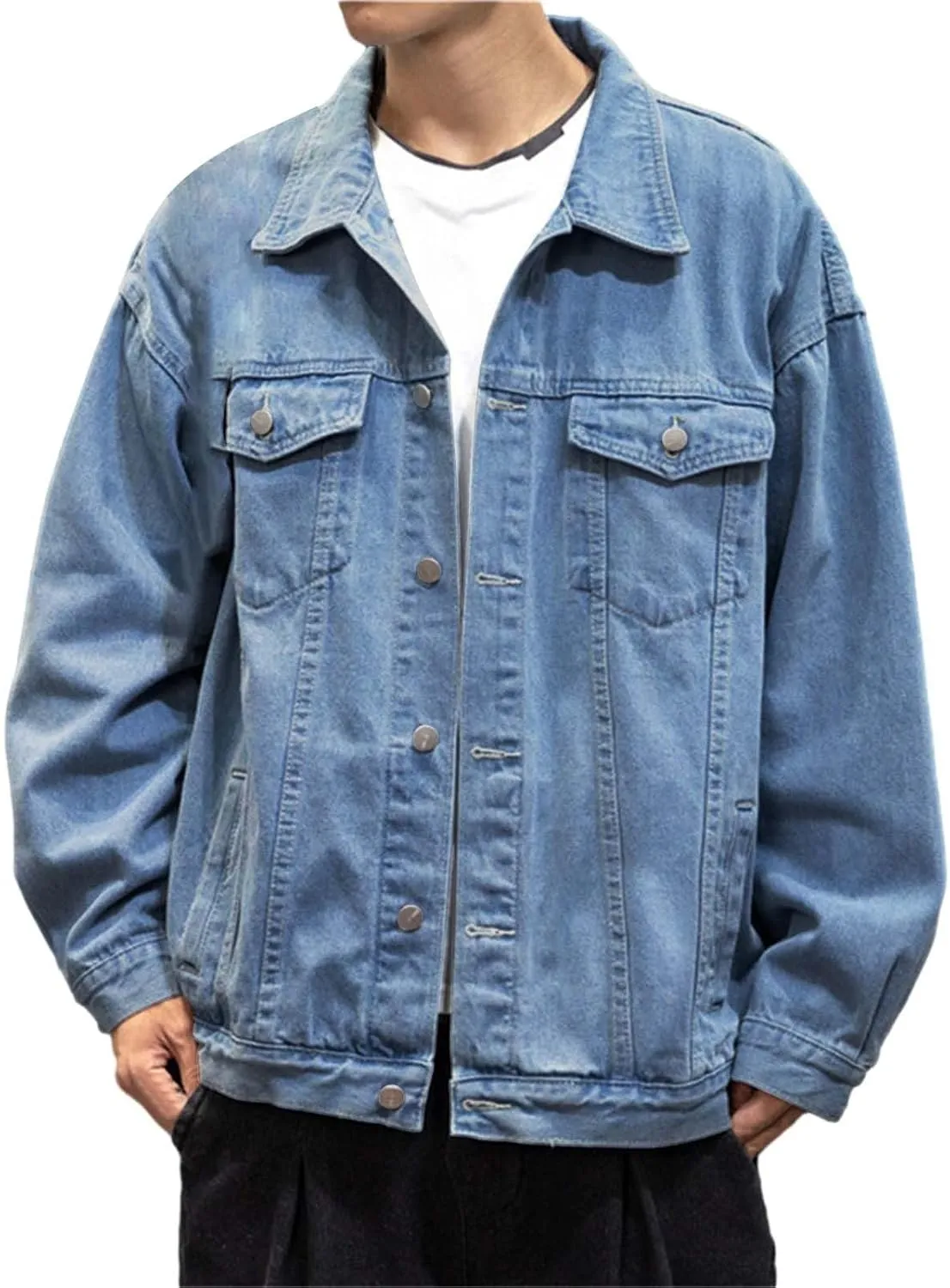 Mens Denim Trucker Jacket Distressed Ripped Slim Fit Jean Jackets Coat Casual Loose Fit Button Down Trucker Jacket