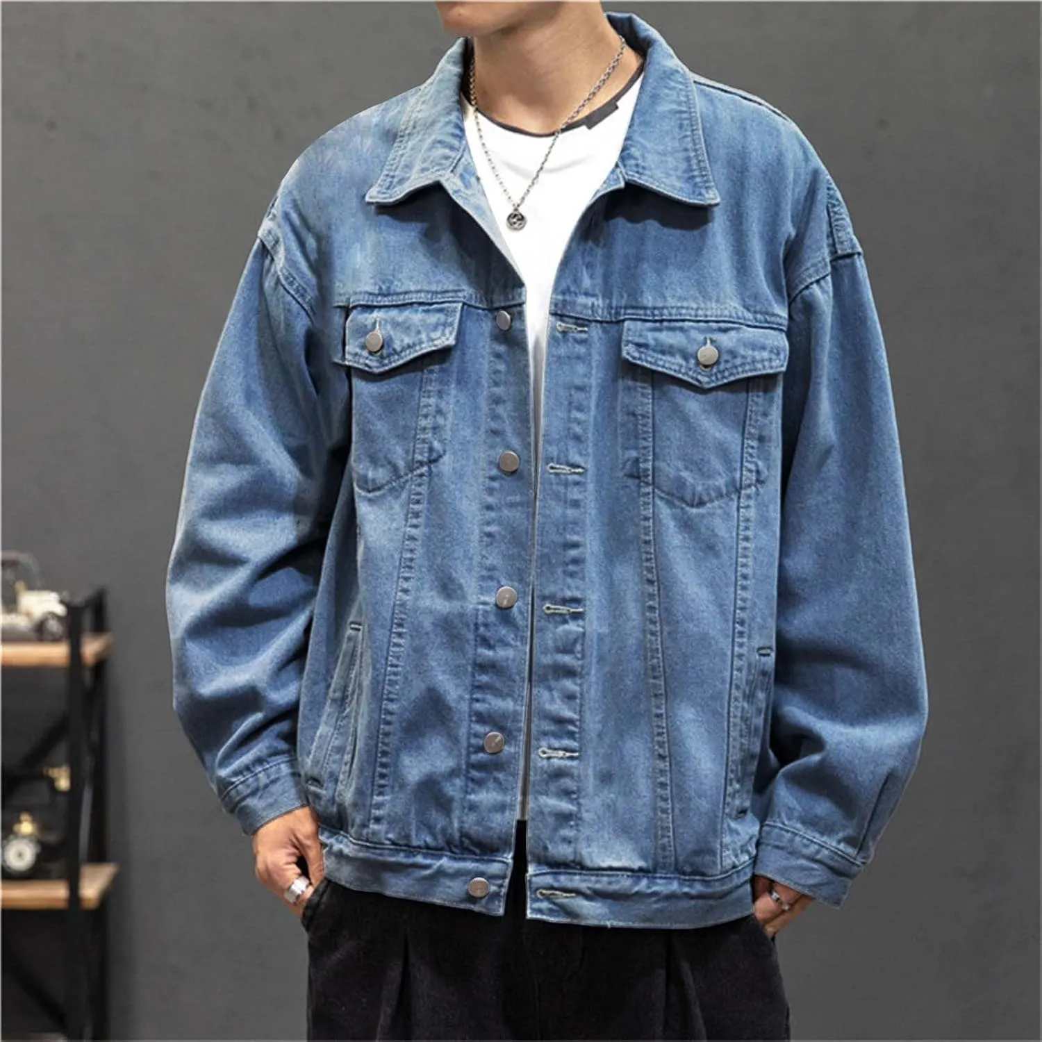 Mens Denim Trucker Jacket Distressed Ripped Slim Fit Jean Jackets Coat Casual Loose Fit Button Down Trucker Jacket