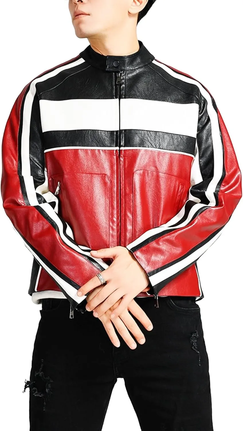 Men's Faux Leather Stripes Moto & Bikers Jacket - Caf Racer Zip Up Long Sleeve Slimfit Patchwork Jacket