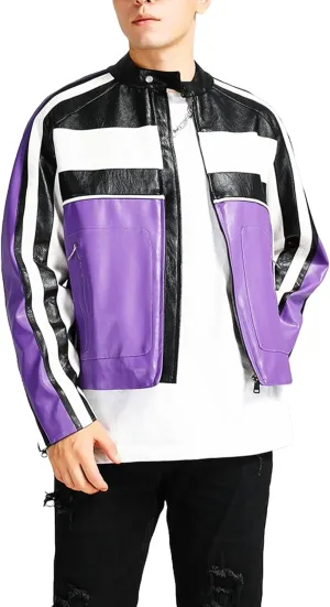 Men's Faux Leather Stripes Moto & Bikers Jacket - Caf Racer Zip Up Long Sleeve Slimfit Patchwork Jacket