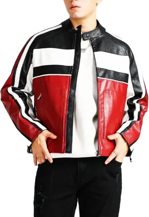 Men's Faux Leather Stripes Moto & Bikers Jacket - Caf Racer Zip Up Long Sleeve Slimfit Patchwork Jacket