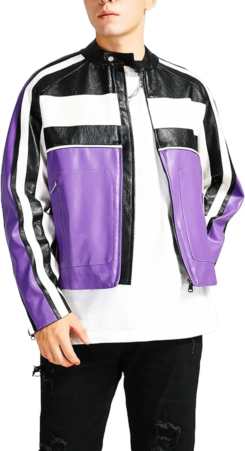 Men's Faux Leather Stripes Moto & Bikers Jacket - Caf Racer Zip Up Long Sleeve Slimfit Patchwork Jacket