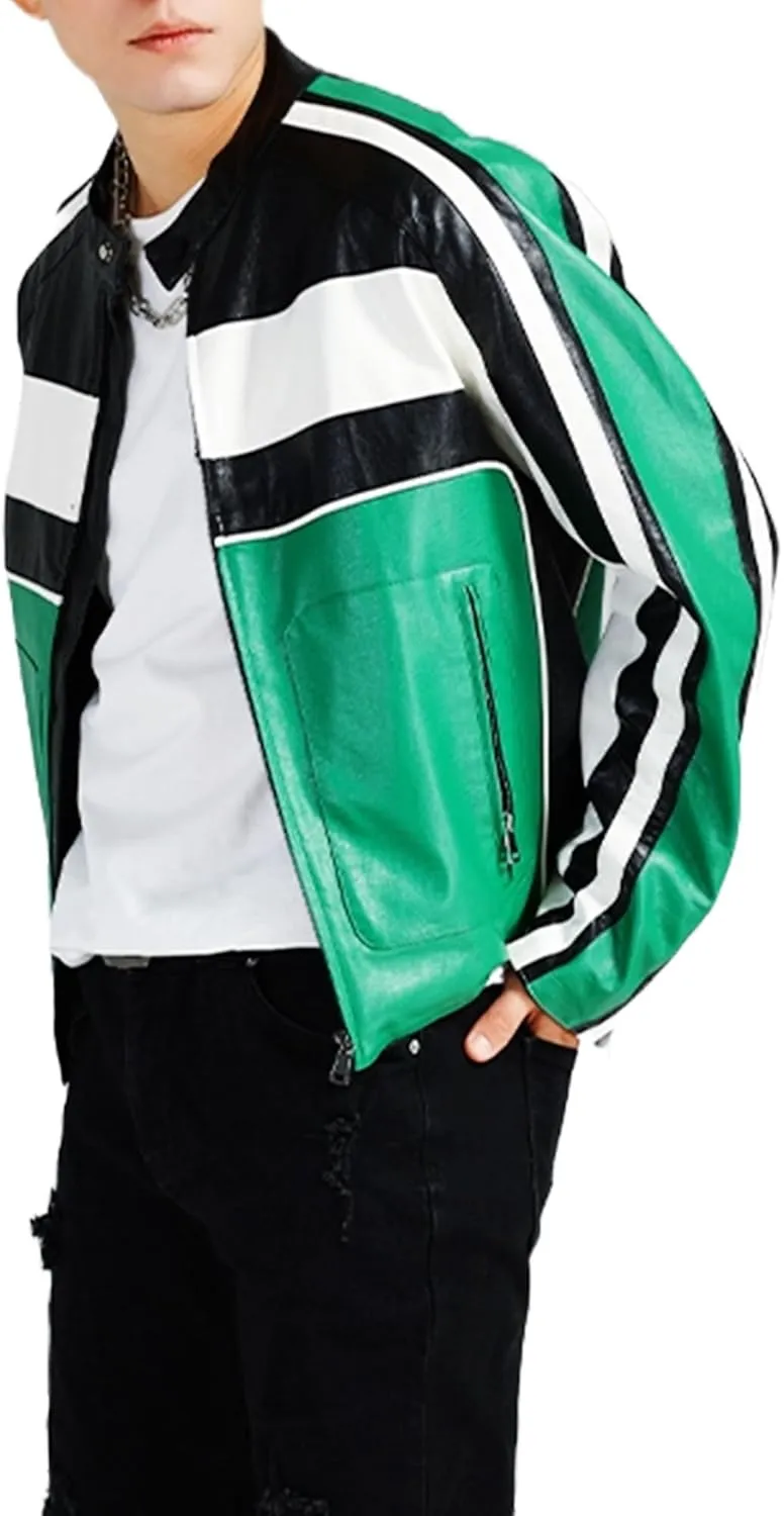 Men's Faux Leather Stripes Moto & Bikers Jacket - Caf Racer Zip Up Long Sleeve Slimfit Patchwork Jacket