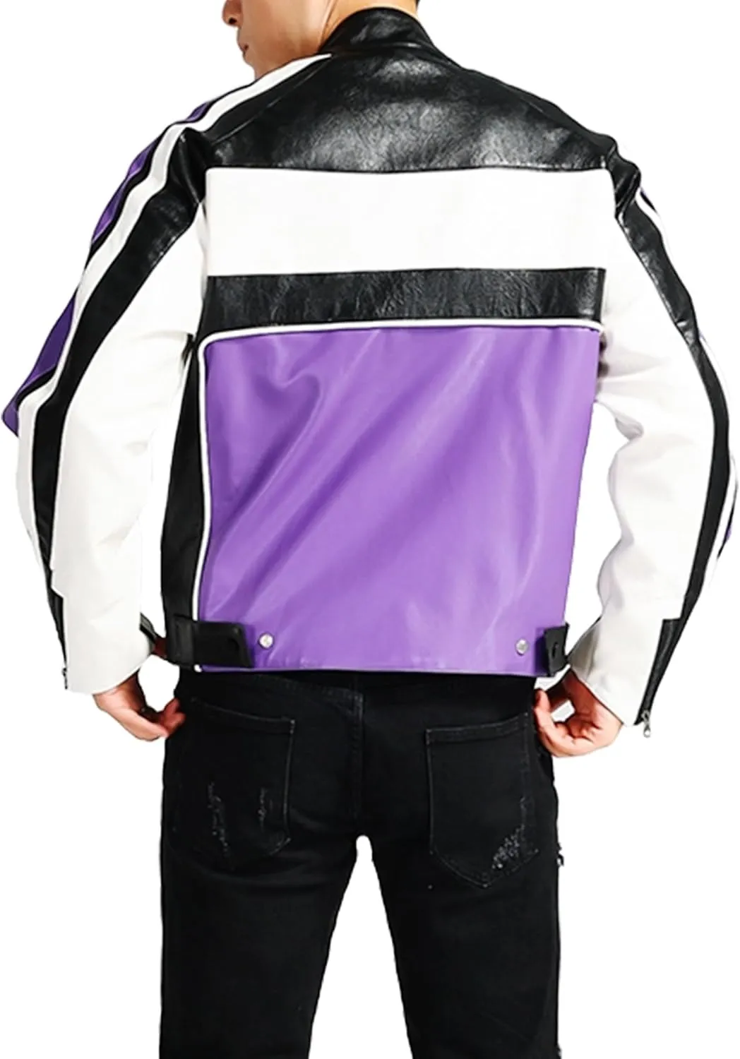 Men's Faux Leather Stripes Moto & Bikers Jacket - Caf Racer Zip Up Long Sleeve Slimfit Patchwork Jacket