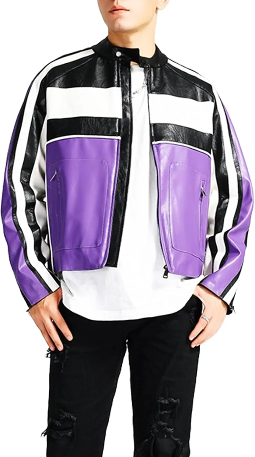 Men's Faux Leather Stripes Moto & Bikers Jacket - Caf Racer Zip Up Long Sleeve Slimfit Patchwork Jacket