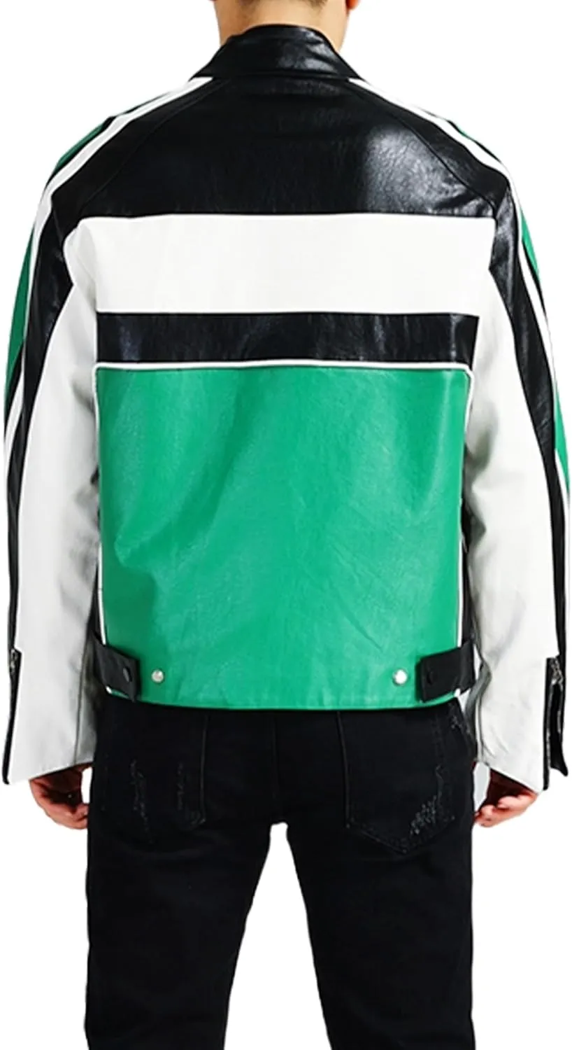 Men's Faux Leather Stripes Moto & Bikers Jacket - Caf Racer Zip Up Long Sleeve Slimfit Patchwork Jacket