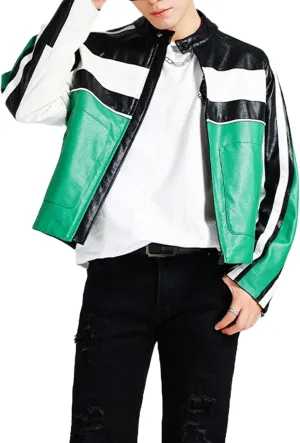 Men's Faux Leather Stripes Moto & Bikers Jacket - Caf Racer Zip Up Long Sleeve Slimfit Patchwork Jacket