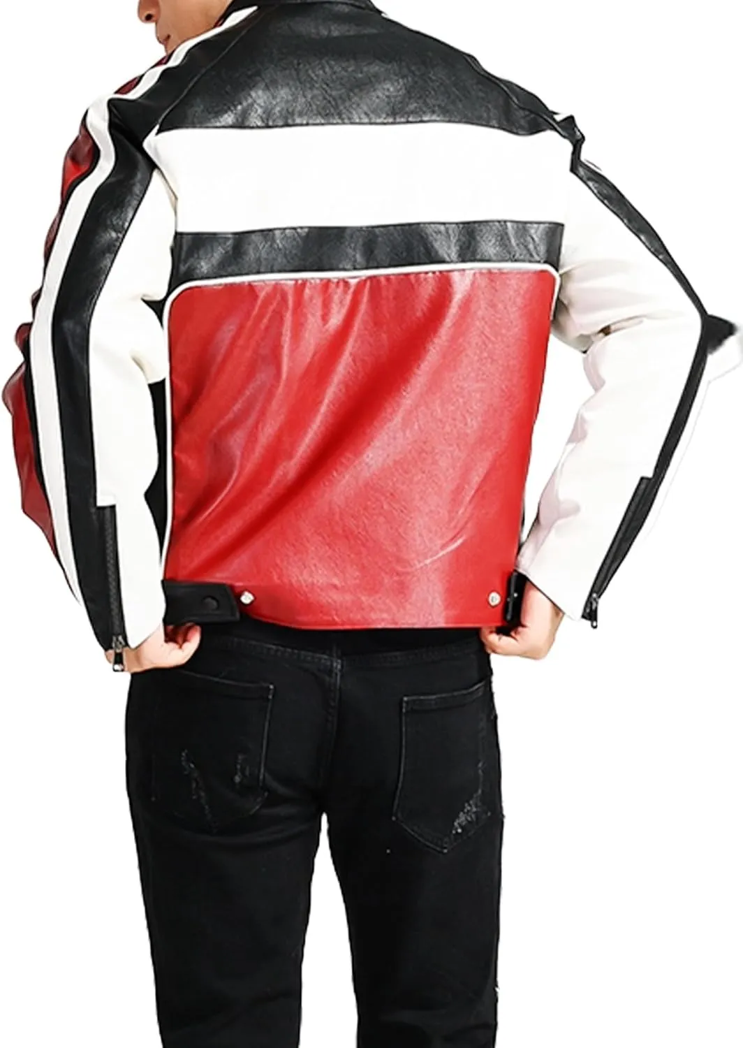 Men's Faux Leather Stripes Moto & Bikers Jacket - Caf Racer Zip Up Long Sleeve Slimfit Patchwork Jacket