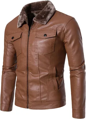 Mens Leather Jacket Fall Winter Vintage Motorcycle Biker Jacket Fur Collar Full Zip Up Thick Heavyweight Hoodie