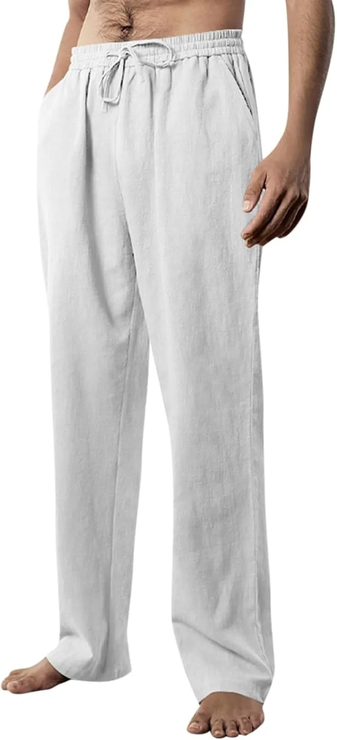 Men's Loose Fit Linen Pants Lightweight Plus Size Pants Elastic Waist Cotton Lounge Pants Casual Beach Pants with Pocket