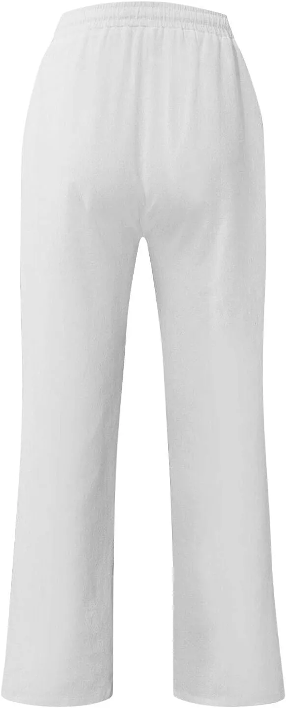 Men's Loose Fit Linen Pants Lightweight Plus Size Pants Elastic Waist Cotton Lounge Pants Casual Beach Pants with Pocket