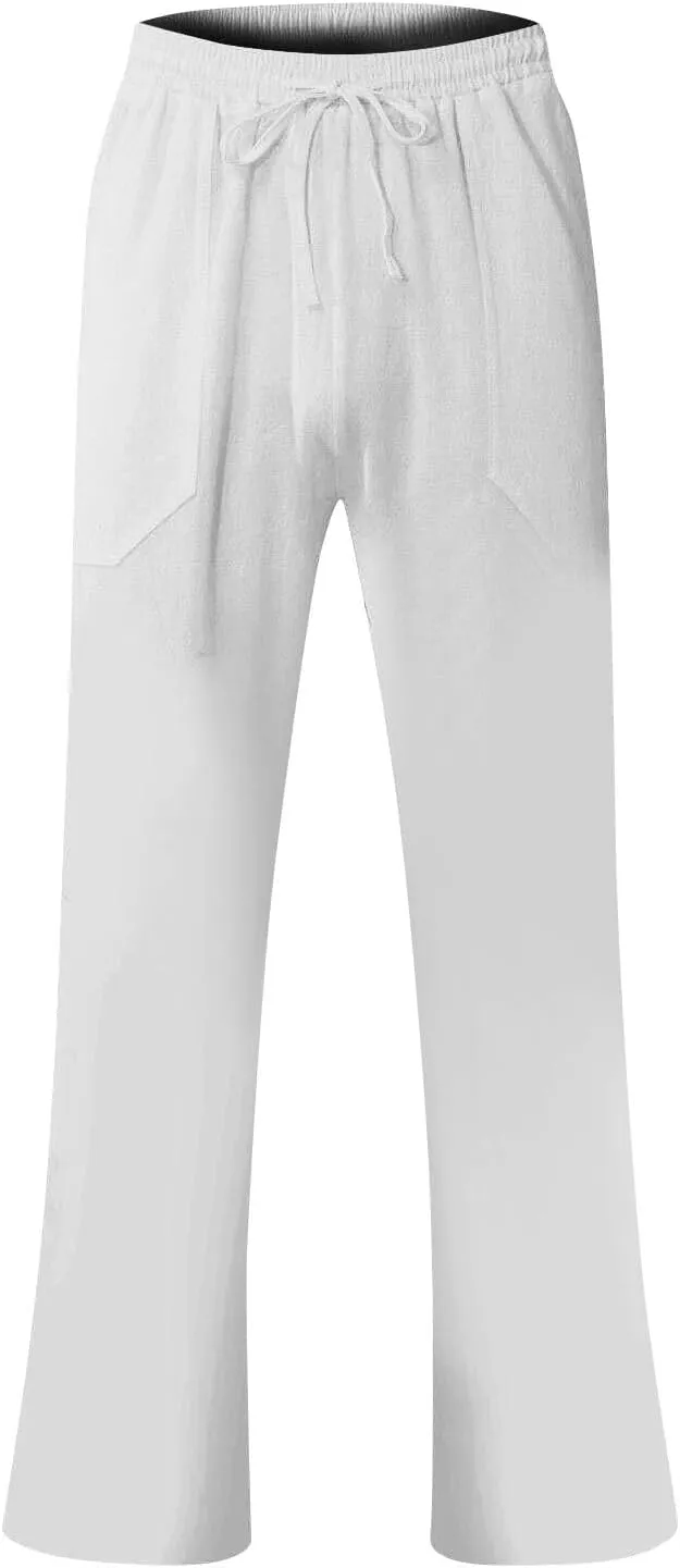 Men's Loose Fit Linen Pants Lightweight Plus Size Pants Elastic Waist Cotton Lounge Pants Casual Beach Pants with Pocket