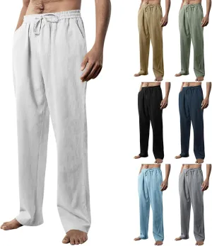 Men's Loose Fit Linen Pants Lightweight Plus Size Pants Elastic Waist Cotton Lounge Pants Casual Beach Pants with Pocket