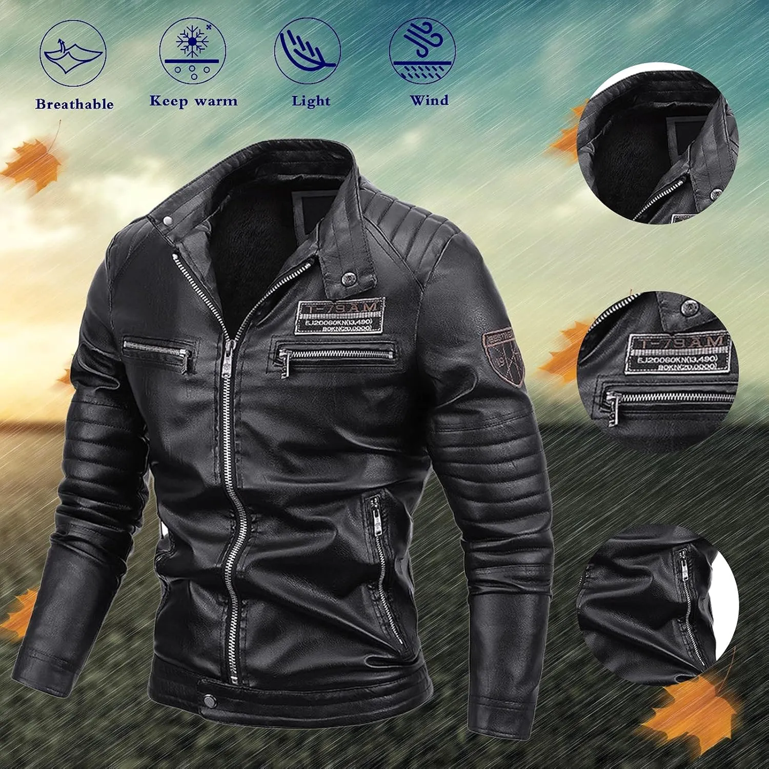 Mens Moto Jackets Casual Leather Biker Jacket Lightweight Faux Leather Outwear Motorcycle Style Biker Leather Jacket