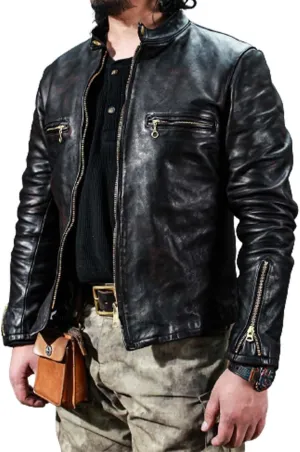 Men's Moto Rider Caf Racer Distressed Brown Cowhide Motorcycle Biker Black Leather Jacket