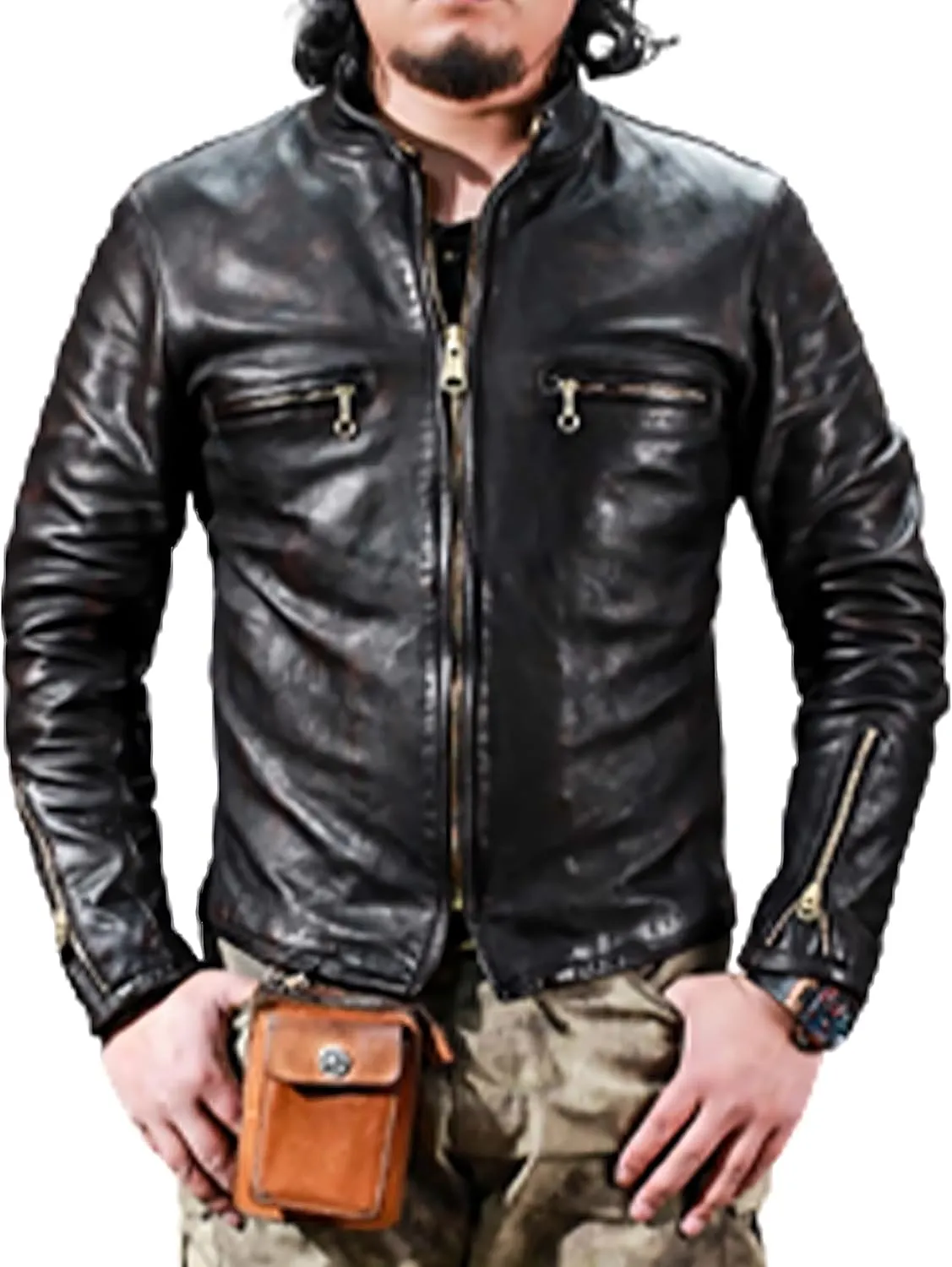 Men's Moto Rider Caf Racer Distressed Brown Cowhide Motorcycle Biker Black Leather Jacket