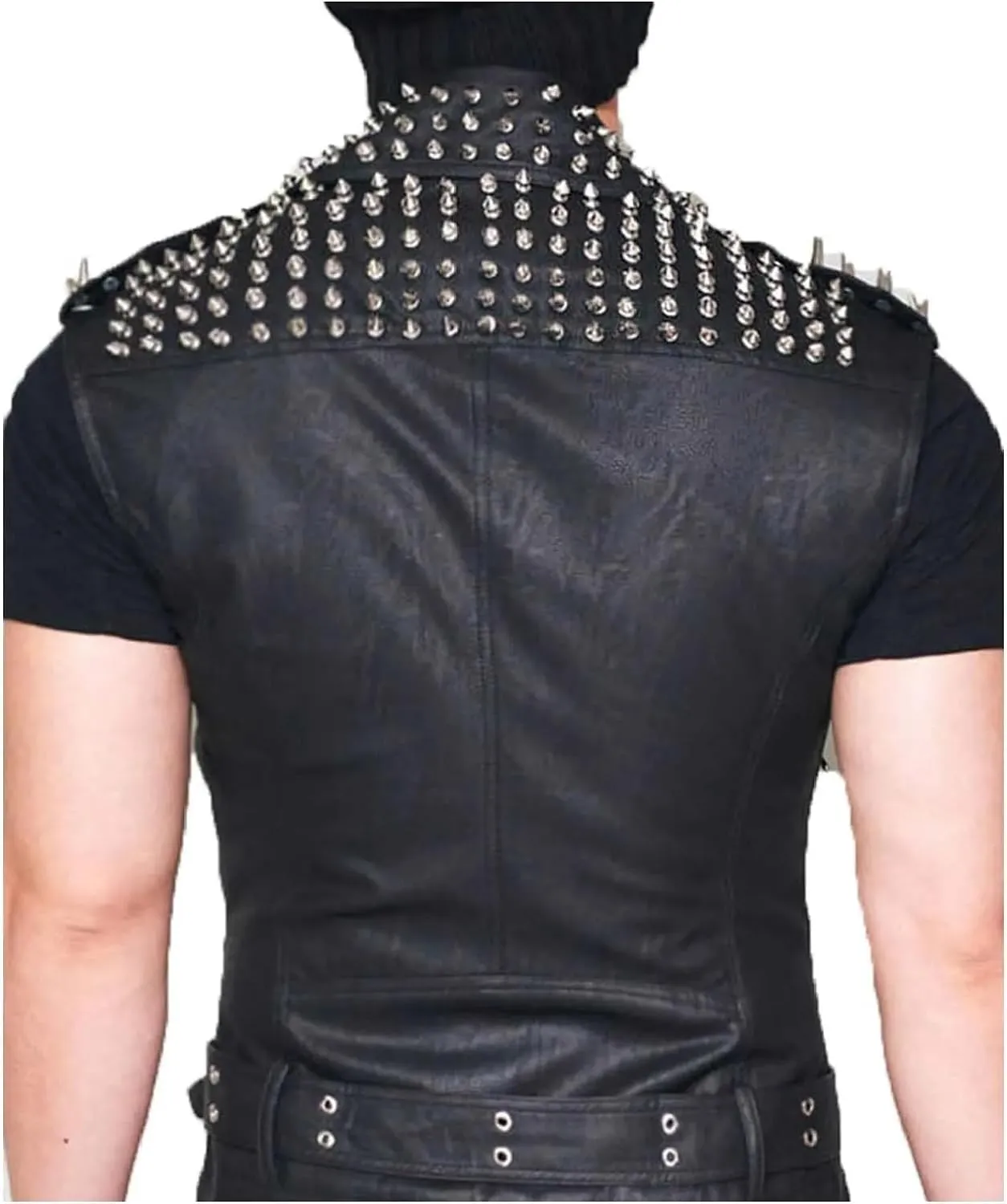 Mens Punk Rock Stud Leather Vest | Motorbike Brando Style Slimfit Leather Jacket