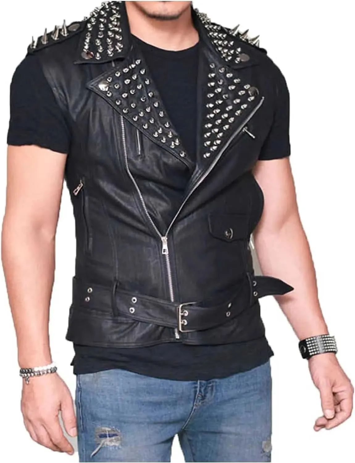 Mens Punk Rock Stud Leather Vest | Motorbike Brando Style Slimfit Leather Jacket