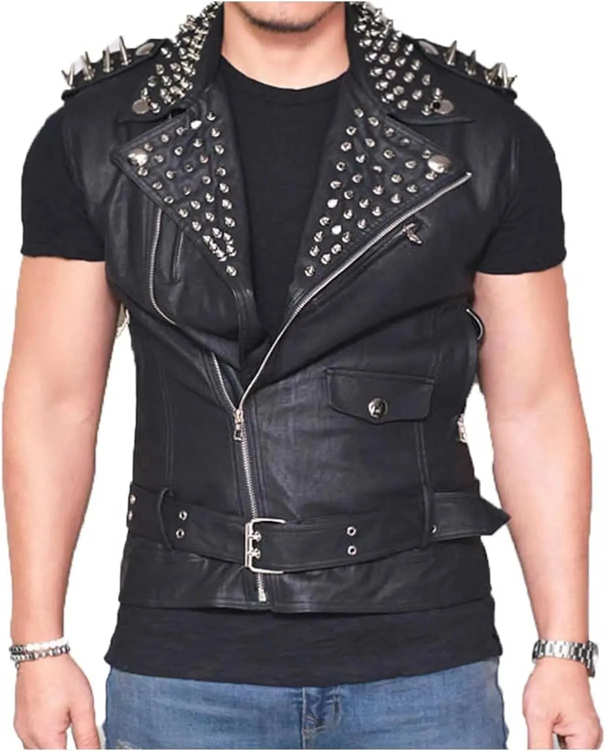 Mens Punk Rock Stud Leather Vest | Motorbike Brando Style Slimfit Leather Jacket