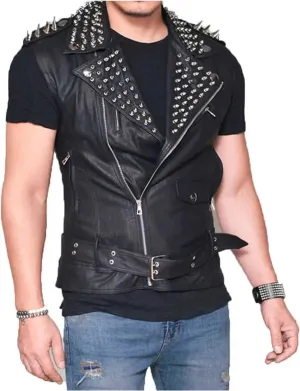 Mens Punk Rock Stud Leather Vest | Motorbike Brando Style Slimfit Leather Jacket