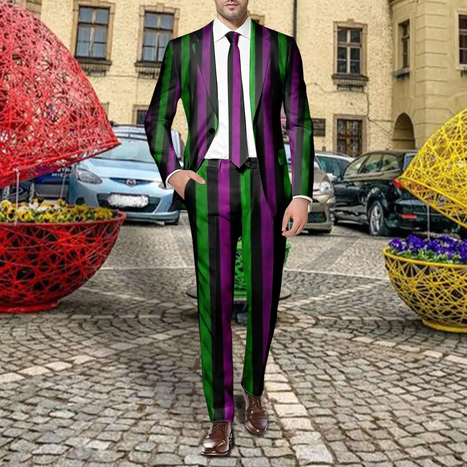 Men's Slim Fit 3 Piece Suit Button Down Color Block Notch Lapel Party Tuxedo Suits Blazer Jacket Vests Pants