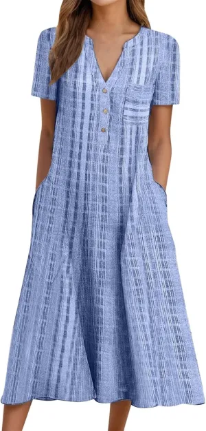 Modest Dresses for Women Fitted Eyelet Short Sleeve V Neck Button Empire Waist Funeral Dress Pcokets Spring Break Outfit