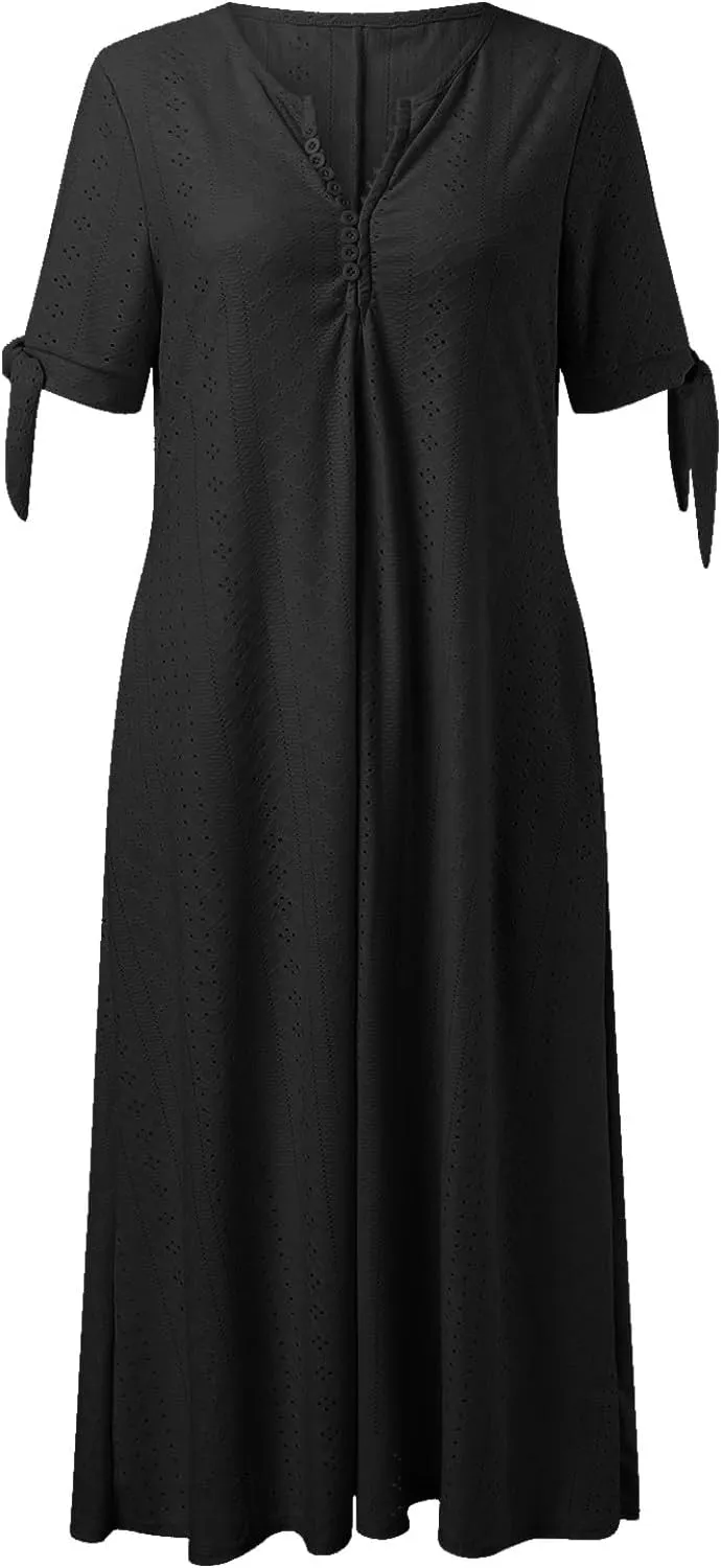 Modest Dresses for Women Fitted Eyelet Short Sleeve V Neck Button Empire Waist Funeral Dress Pcokets Spring Break Outfit