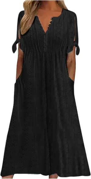 Modest Dresses for Women Fitted Eyelet Short Sleeve V Neck Button Empire Waist Funeral Dress Pcokets Spring Break Outfit