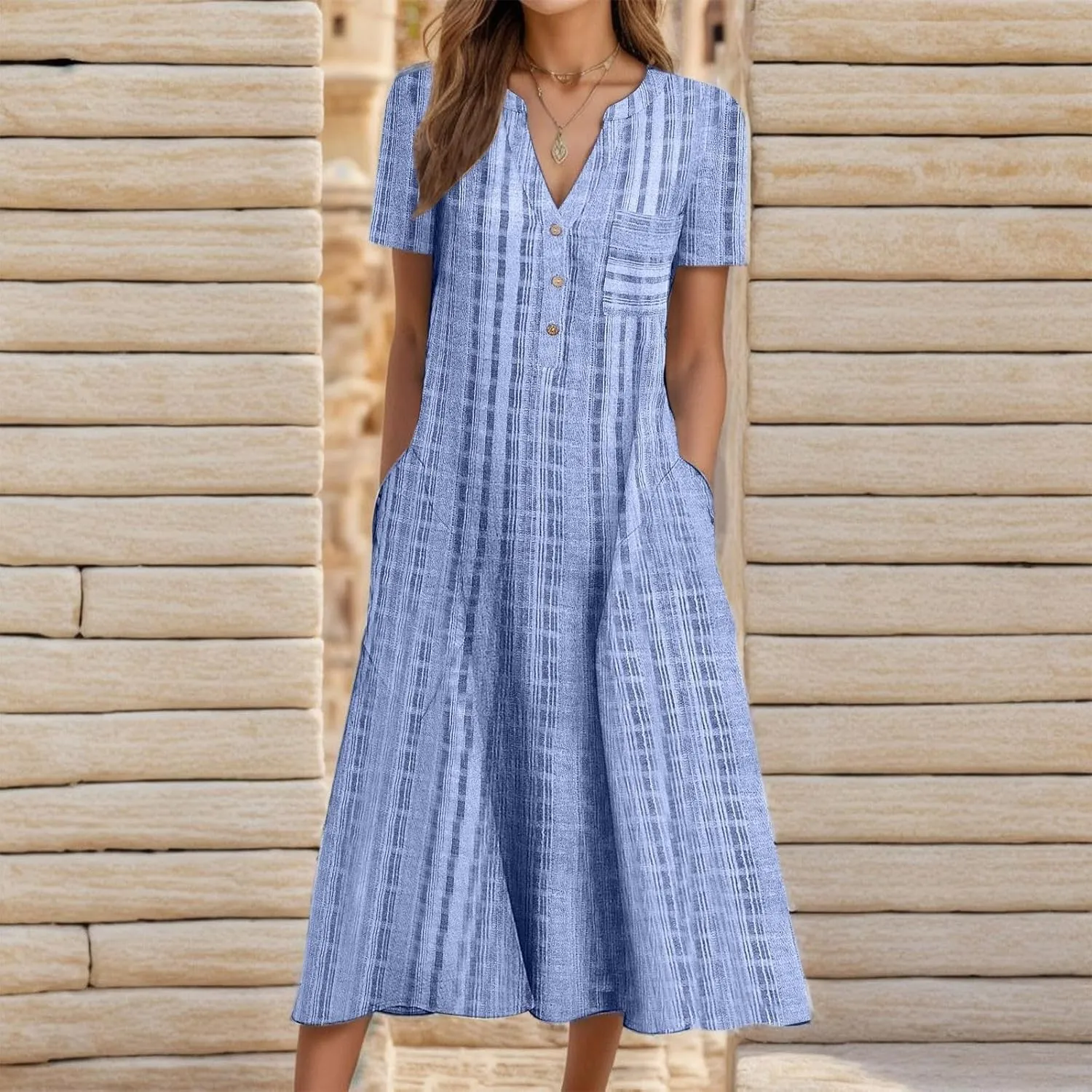 Modest Dresses for Women Fitted Eyelet Short Sleeve V Neck Button Empire Waist Funeral Dress Pcokets Spring Break Outfit
