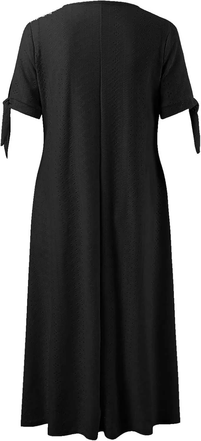 Modest Dresses for Women Fitted Eyelet Short Sleeve V Neck Button Empire Waist Funeral Dress Pcokets Spring Break Outfit