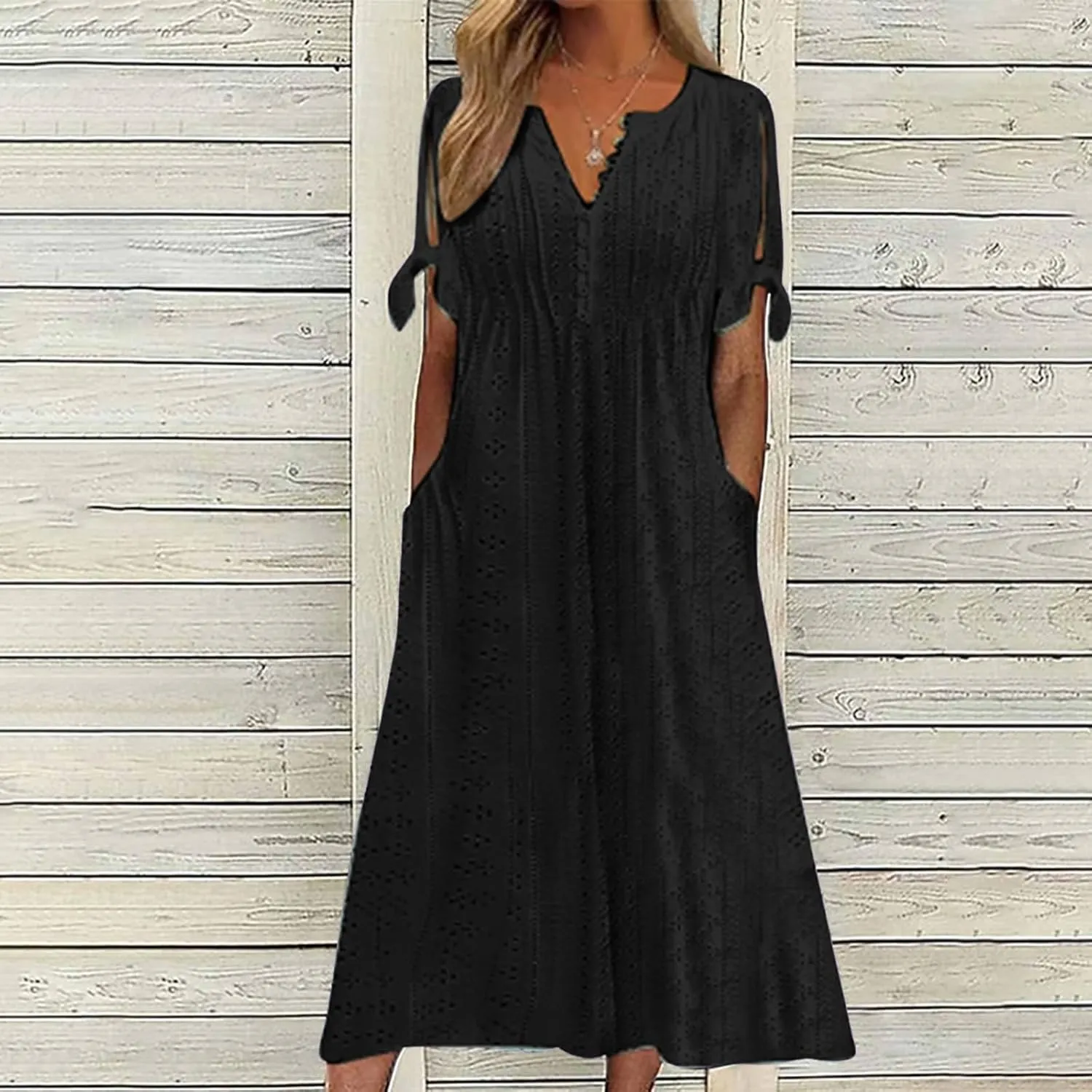 Modest Dresses for Women Fitted Eyelet Short Sleeve V Neck Button Empire Waist Funeral Dress Pcokets Spring Break Outfit