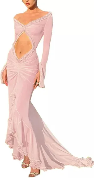 NUFIWI Women Sexy Mesh Sheer Gown Maxi Dress Frill Hem See Through Cutout Bodycon Long Dress Cover Up Beach Sundress