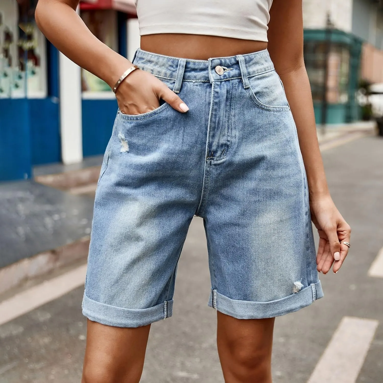 Oplxuo Jean Shorts for Women High Waisted Straight Leg Roll Cuff Bermuda Stretch Denim Shorts with Pockets