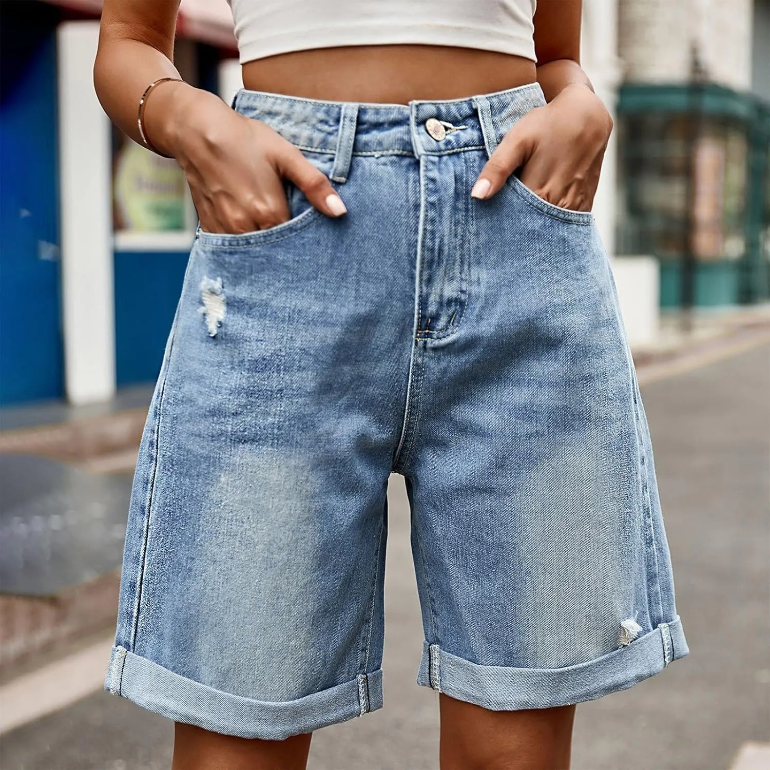 Oplxuo Jean Shorts for Women High Waisted Straight Leg Roll Cuff Bermuda Stretch Denim Shorts with Pockets