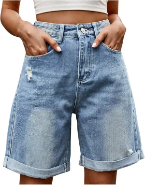 Oplxuo Jean Shorts for Women High Waisted Straight Leg Roll Cuff Bermuda Stretch Denim Shorts with Pockets