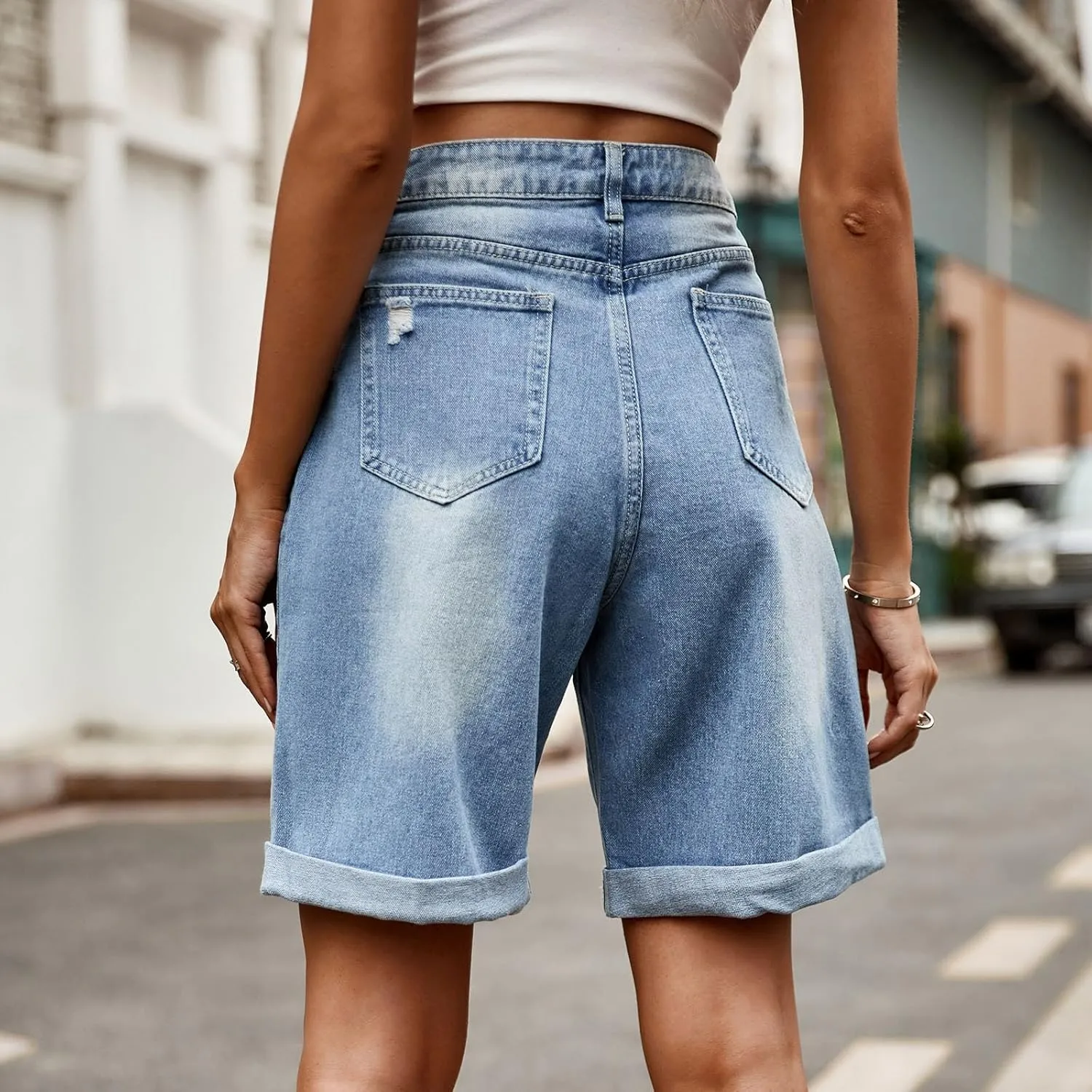 Oplxuo Jean Shorts for Women High Waisted Straight Leg Roll Cuff Bermuda Stretch Denim Shorts with Pockets