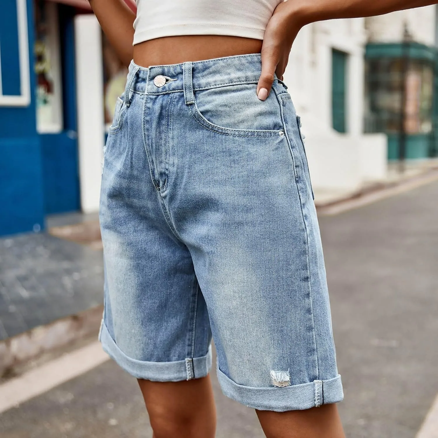 Oplxuo Jean Shorts for Women High Waisted Straight Leg Roll Cuff Bermuda Stretch Denim Shorts with Pockets