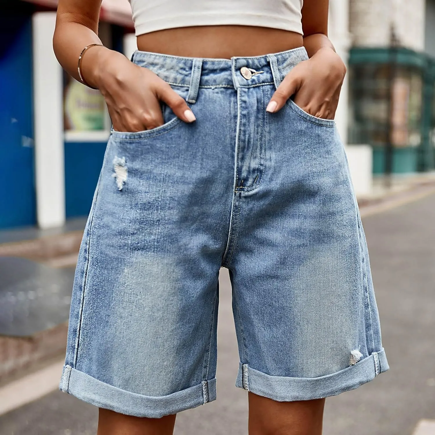 Oplxuo Jean Shorts for Women High Waisted Straight Leg Roll Cuff Bermuda Stretch Denim Shorts with Pockets