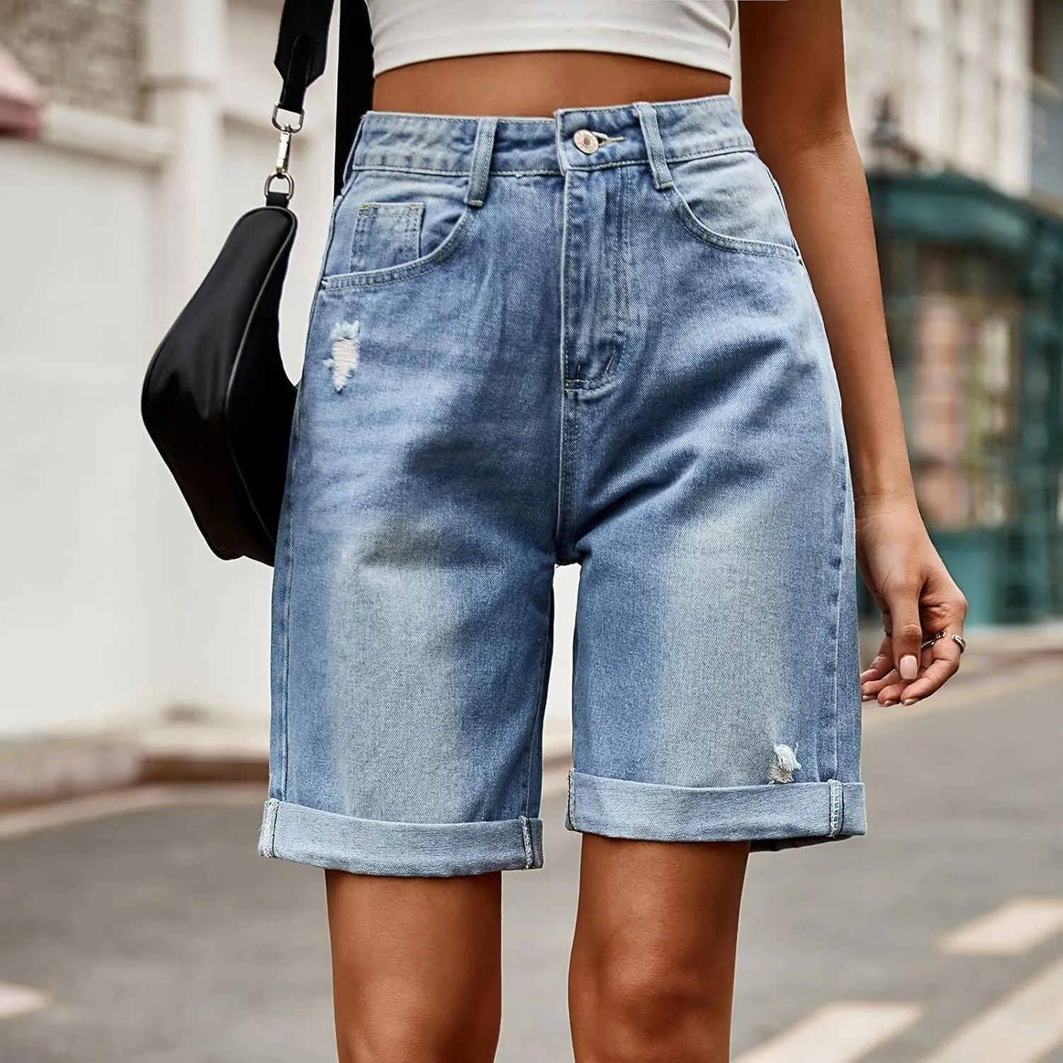 Oplxuo Jean Shorts for Women High Waisted Straight Leg Roll Cuff Bermuda Stretch Denim Shorts with Pockets