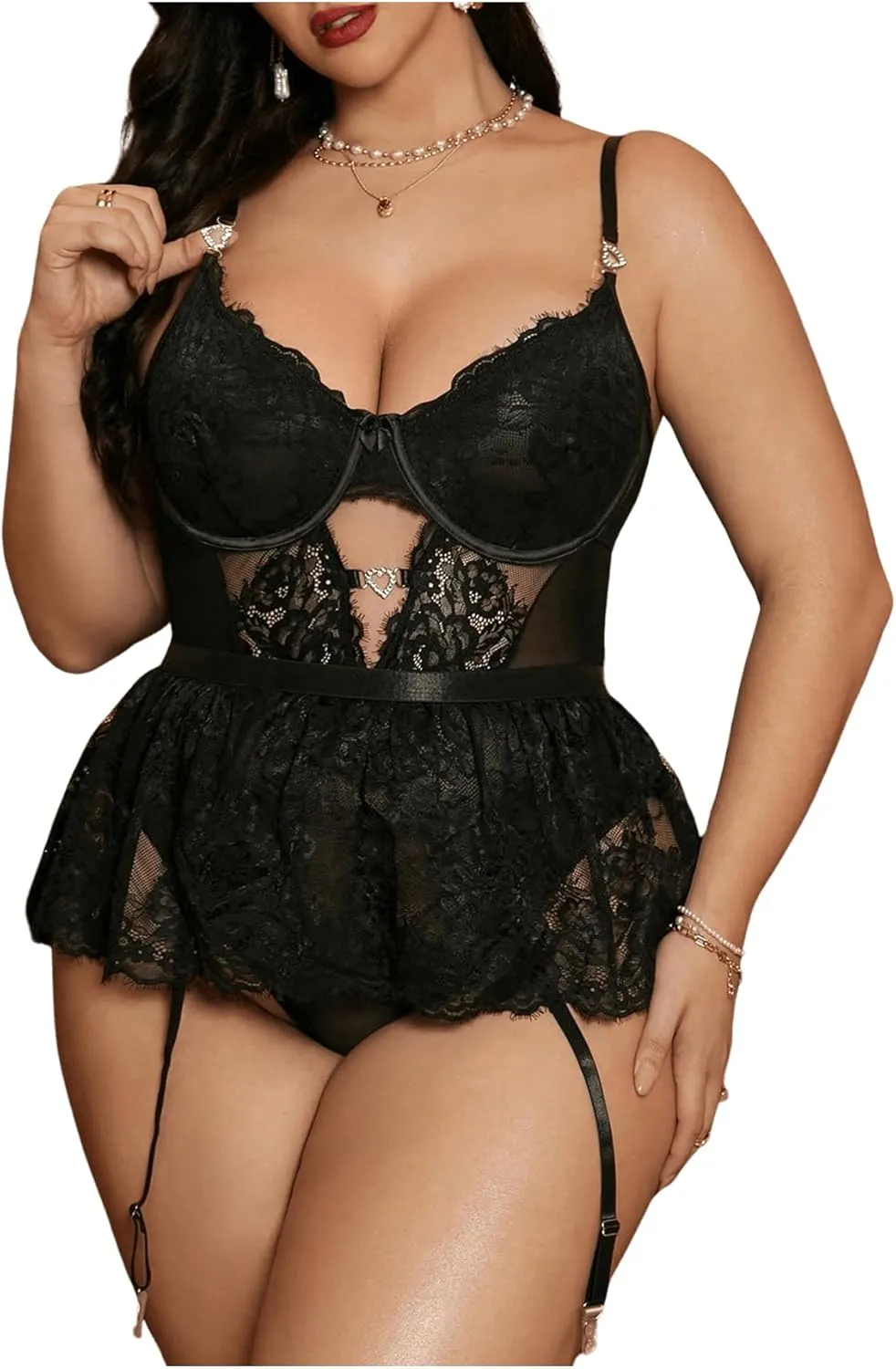OYOANGLE Women's Plus Size Lace Babydoll Spaghetti Strap V Neck Cut Out Teddy Lingerie Set with Garter Belts